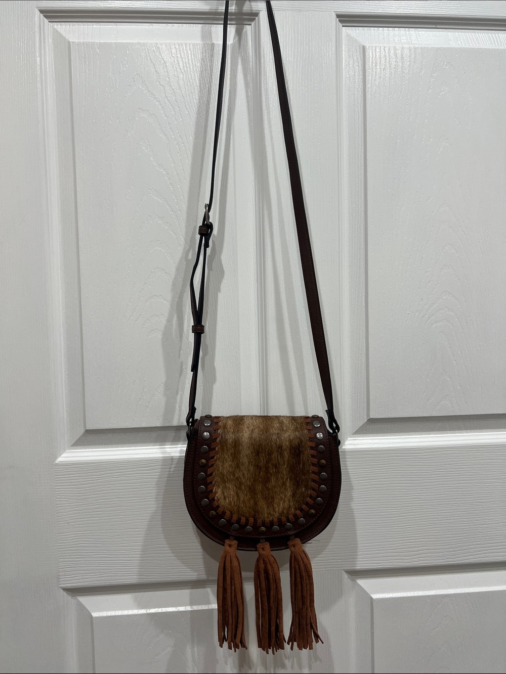 Tony Lama Brown Leather Crossbody Bag with Hyde Front and Fringe Tassels